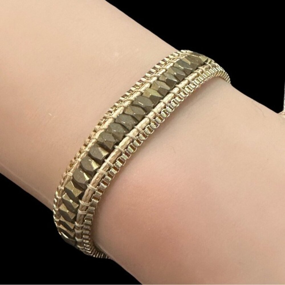 Handmade Gold-Tone Beaded Adjustable Bracelet With Woven Cord Closure For Women